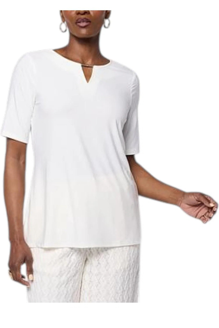 Nina Leonard Women's Elbow-Sleeve Top w/ Notch Neck Ivory - Regular